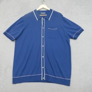 PJ Paul Jones Knit Polo Shirt Mens 2XL Blue Ribbed Button Front Retro Old Money